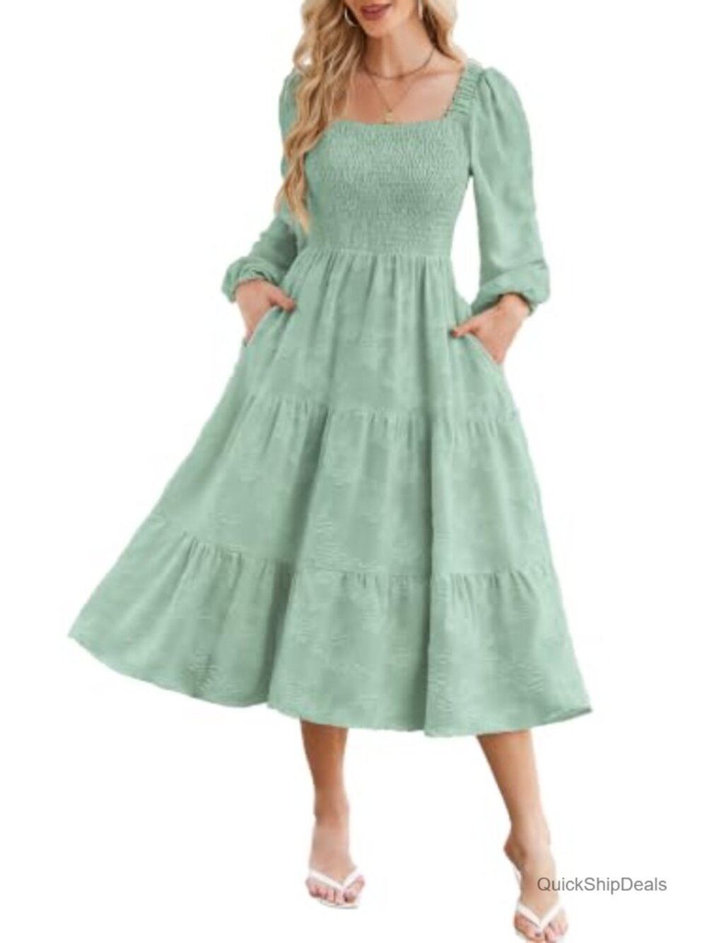Kikibell Women Floral Smocked Midi Dress Long Sleeve Square Neck